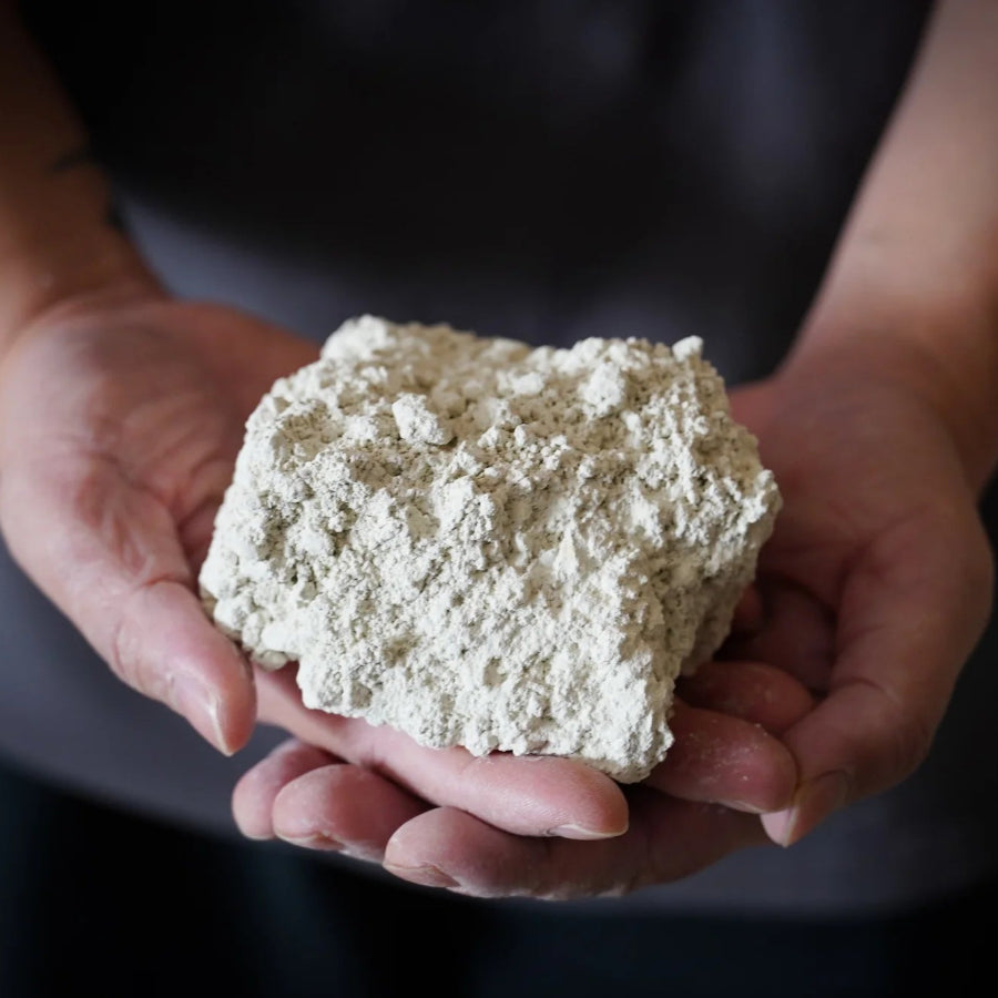 two hands holding a white limestone